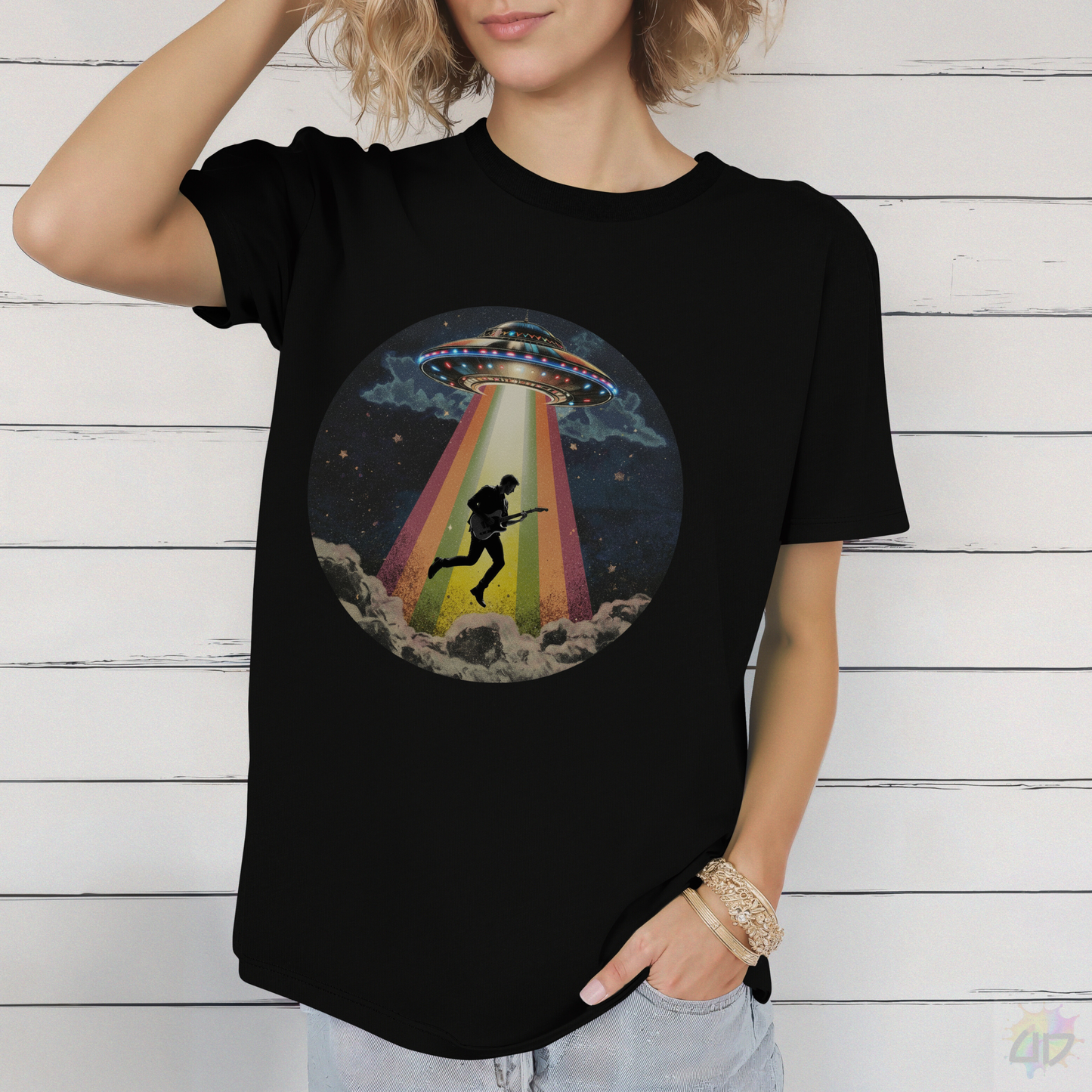 Guitar Player Being Abducted in a Retro Beam Graphic Tee.