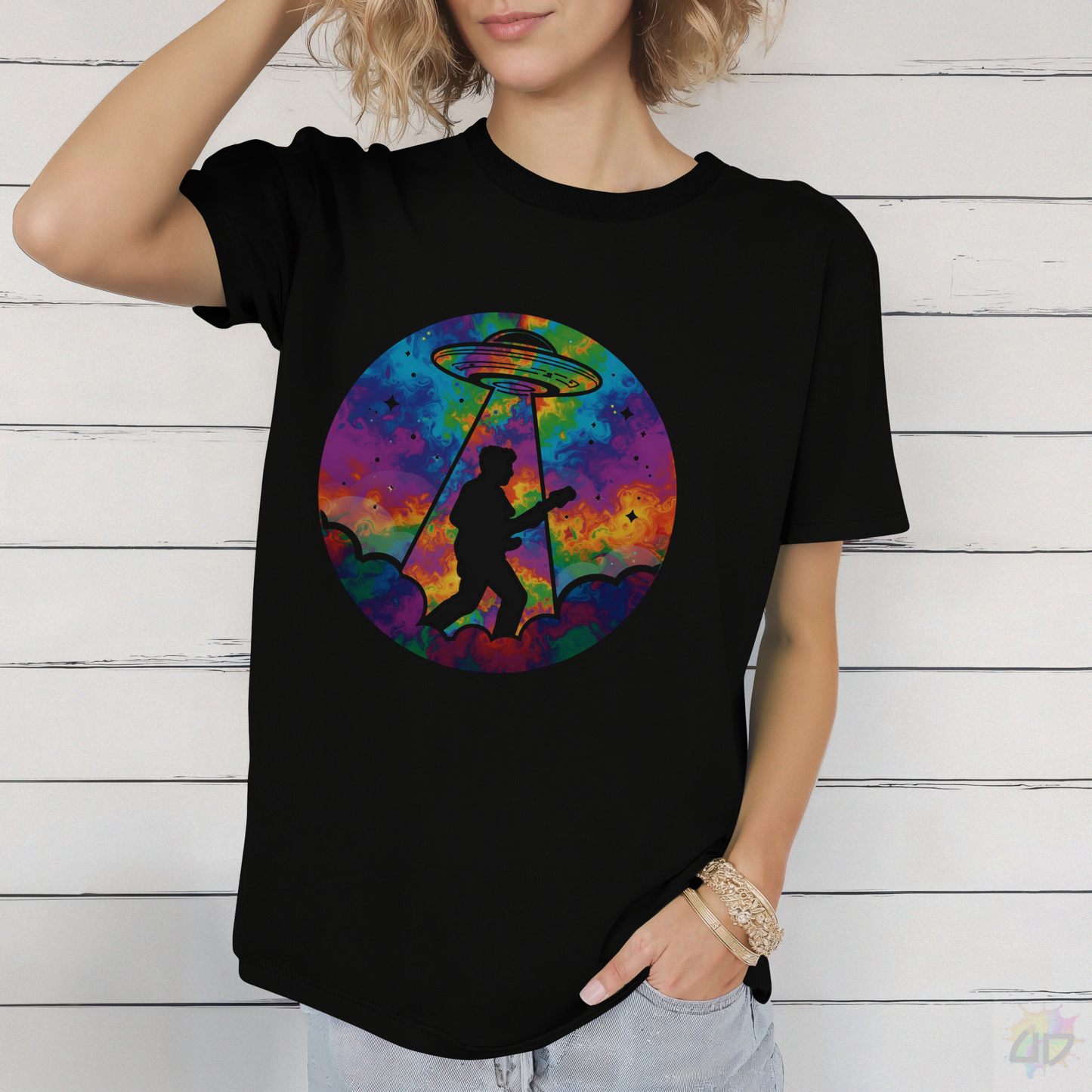 Guitarist Being Abducted in a Colorful Psychedelic Beam Graphic Tee.