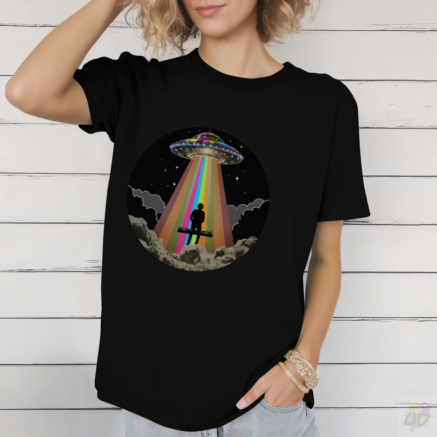 D.J. Being Abducted in a Retro Beam Graphic Tee.