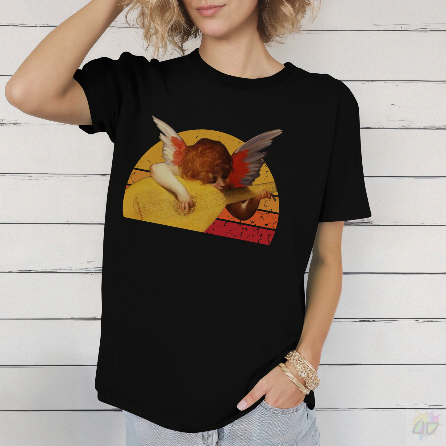 Cherub Playing Lyer in Circular Retro Sunset Graphic Tee.